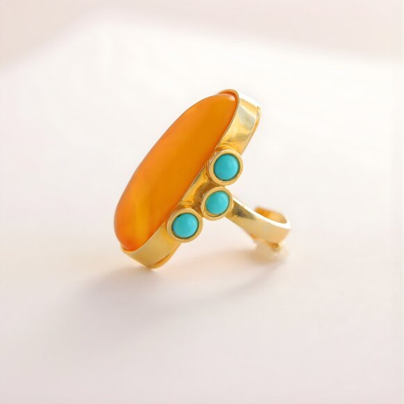 Baltic Amber and Turquoise Gold Ring- 14k Gold Plated Sterling Silver - Picture 5 of 9
